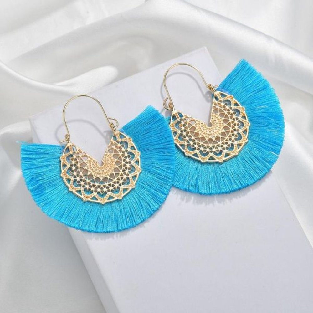 Tassel Silk Thread Fan Shaped Earrings Gold - Picture 1 of 4